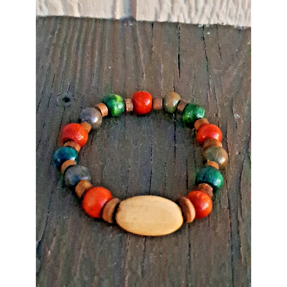 Mens Multi Color Wood Bead Stretch Bracelet Boho Surf Seed Bead Handcrafted